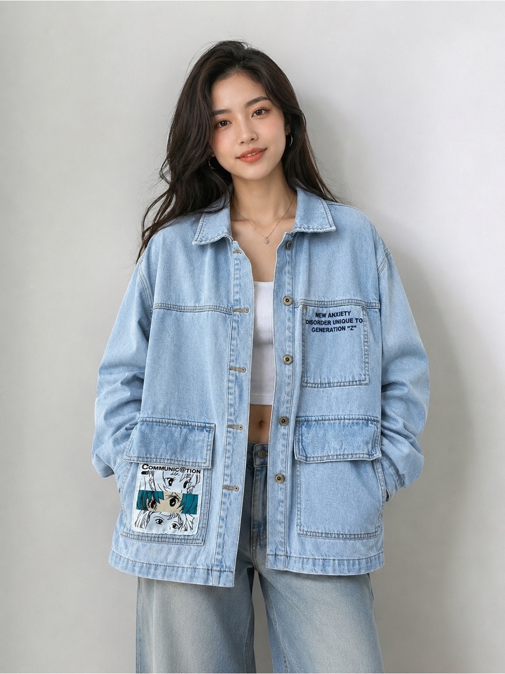 SEMIR Oversized Light Wash Denim Jacket Women’s Size S Anime Graphic Streetwear